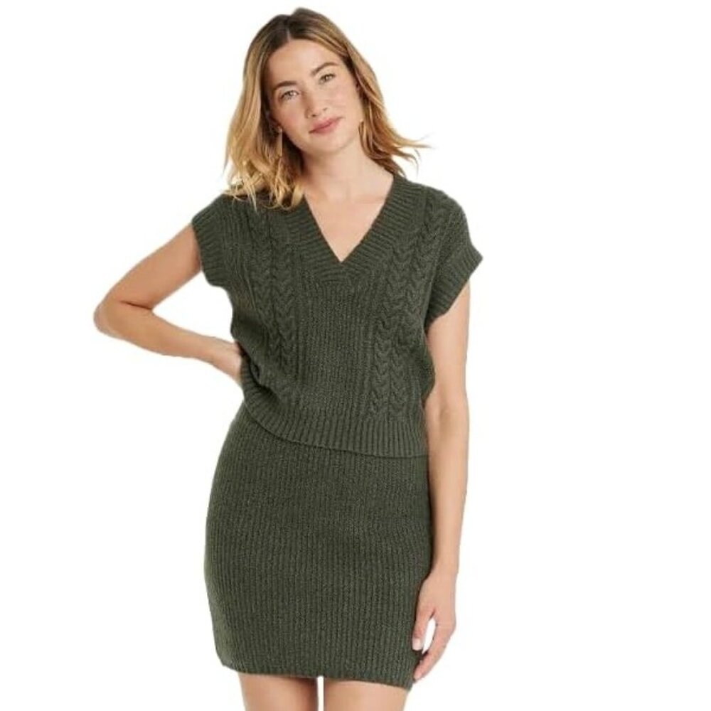 NWT Universal Thread Olive Green Cable Knit Sweater Vest and Skirt Set